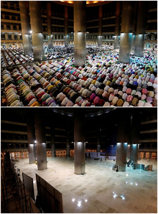 نمازگزاران در ایام ماه مبارک رمضان در مسجد ایستیکلال در جاکارتا  در سال 2019 و 23 اپریل سال 2020 - اسپوتنیک افغانستان  
