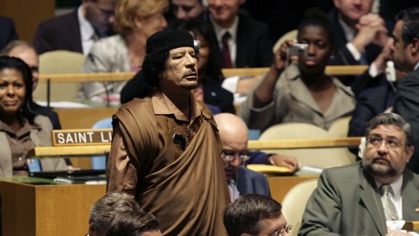 Ливийский лидер Муаммар Каддафи на 64-й сессии Генеральной Ассамблеи в штаб-квартире Организации Объединенных Наций - اسپوتنیک افغانستان  