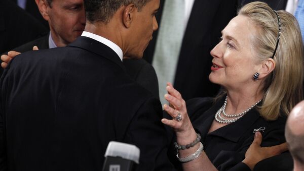 Former Secretary of State Hillary Rodham Clinton greets President Barack Obama after he delivered his State of the Union address on Capitol Hill in Washington. - اسپوتنیک افغانستان  