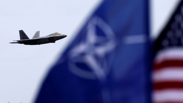 Американский истребитель F-22 Raptor летит в небе на фоне флагов НАТО и США - اسپوتنیک افغانستان  