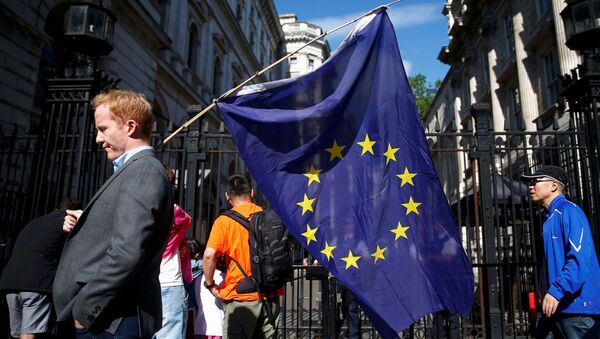 Мужчина с флагом Евросоюза на улице Лондона после голосования по Brexit - اسپوتنیک افغانستان  