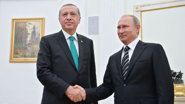 Президент Турции Реджеп Тайип Эрдоган и президент России Владимир Путин во время встречи в Кремле - اسپوتنیک افغانستان  