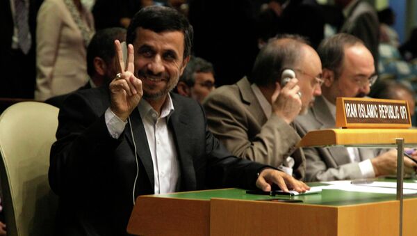 Iran's President Mahmoud Ahmadinejad gestures at the United Nations General Assembly. - اسپوتنیک افغانستان  