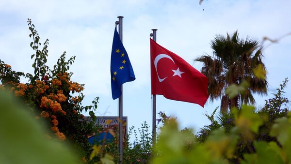 Флаги Евросоюза и Турции в курортном поселке Олу Дениз в провинции Мугла на Юго-Западе Турции - اسپوتنیک افغانستان  