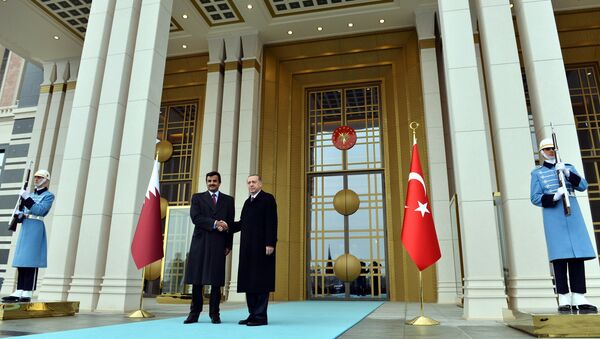 Turkish President Recep Tayyip Erdogan, right, and Qatar's Emir Sheikh Tamim bin Hamad Al-Thani shake hands at the entrance of new presidential palace in Ankara, Turkey, Friday, Dec. 19, 2014 - اسپوتنیک افغانستان  