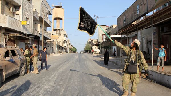 A fighter from the Jund al-Aqsa Islamist Brigade, raises an Islamist flag after taking control of the northern Syrian town of Tayyibat al-Imam, northwest of Hama from Syrian government forces on August 31, 2016 - اسپوتنیک افغانستان  