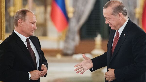 Президент РФ Владимир Путин и президент Турции Реджеп Тайип Эрдоган во время встречи в Стамбуле - اسپوتنیک افغانستان  