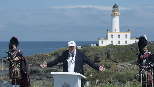 Donald Trump delivering a speech as he officially opens his Trump Turnberry hotel and golf resort in Turnberry - اسپوتنیک افغانستان  